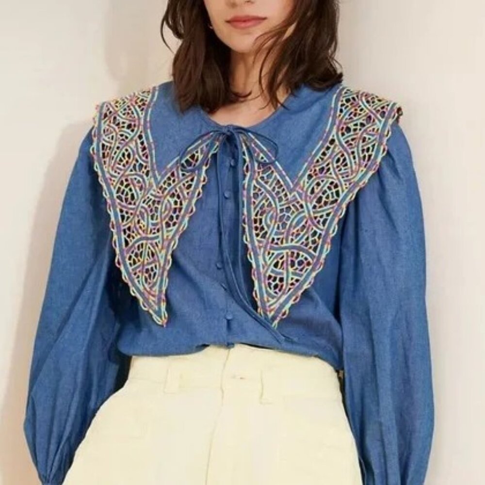 NEW ANTHROPOLOGIE Celia B Begona Denim Top M EYELET